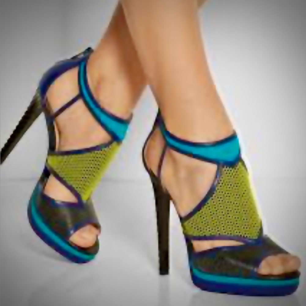 Jimmy Choo Teal & Royal Blue Leather Lythe Honeycomb Cage Heel Women 7.5